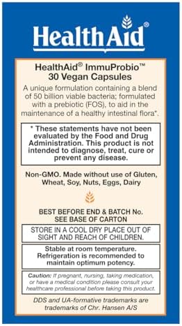 HealthAid ImmuProbio 50 Billion CFU with Prebiotic, 30ct, Once Daily, Acid & Bile Resistant Strains, Vegan