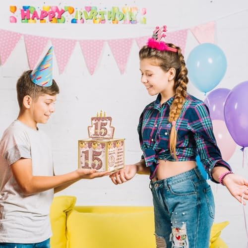 15th Birthday Decorations Pull-Out Money Gift Box for Girls - Pink Rose Gold Happy Fifteen 15th Birthday Party Cash Gift Box with Pull-Out Card - A Fun and Loving Way to Offer Cash Present