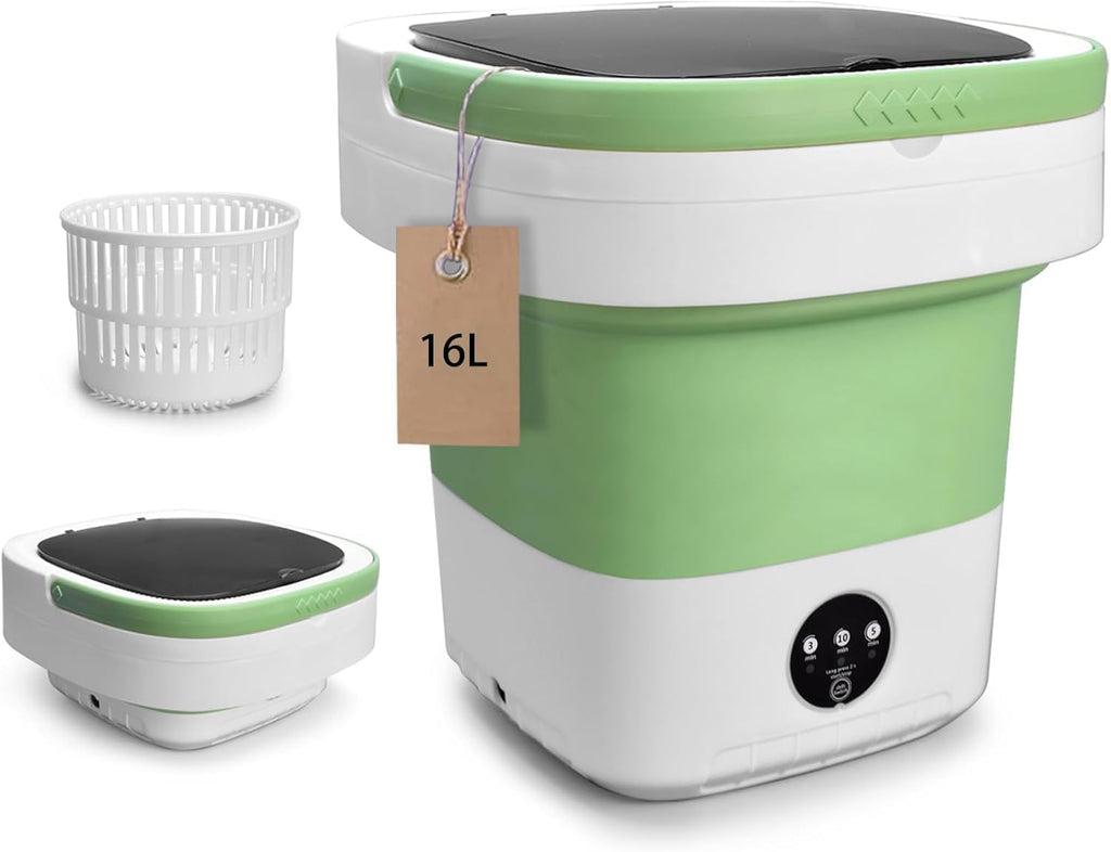 Portable Washing Machine, 16L Upgraded with Spin Basket Laundry Machine, 3 Modes Deep Cleaning, Upgraded Small Collapsible Laundry for Hotel, Apartment, Home and Travel - Green