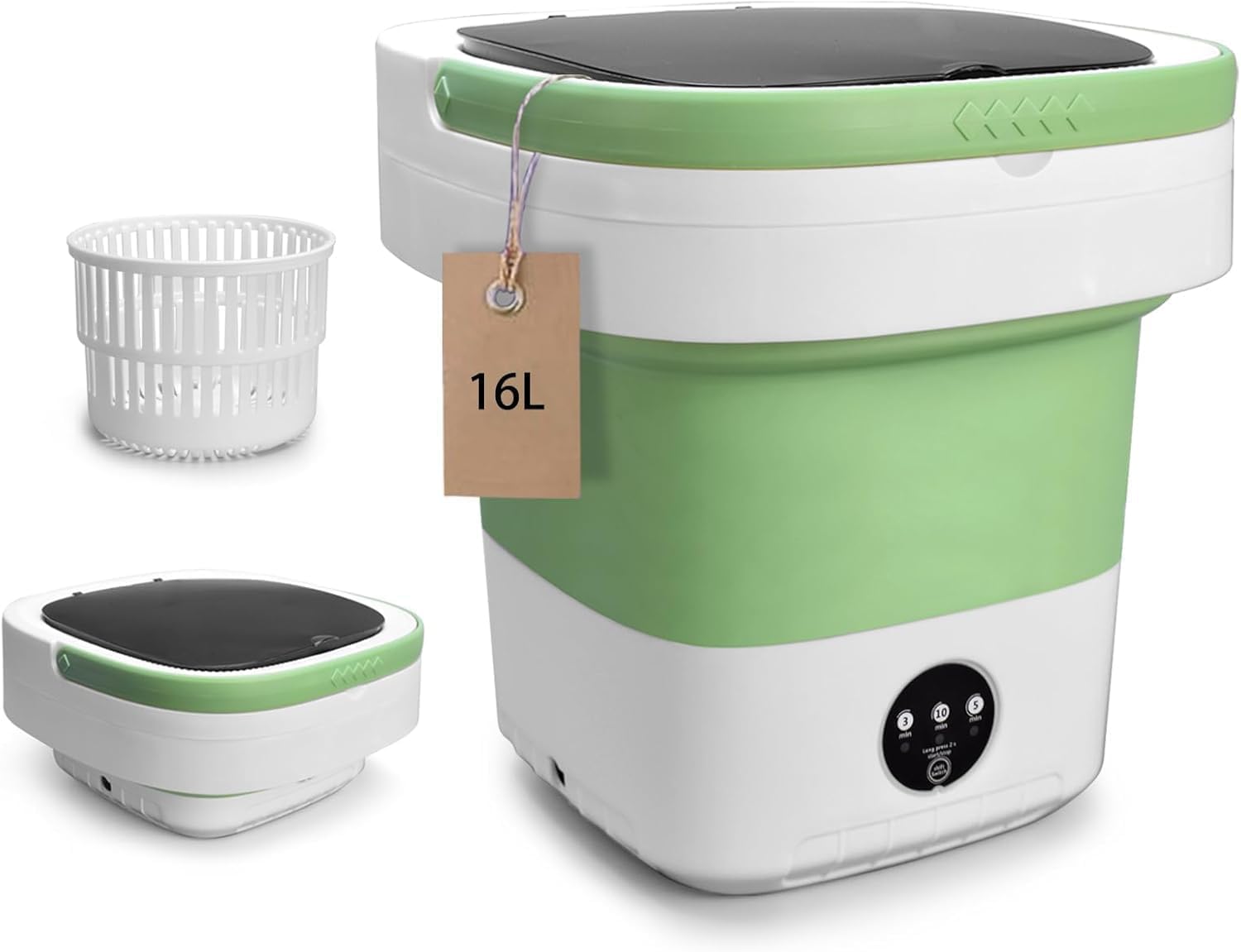 Portable Washing Machine, 16L Upgraded with Spin Basket Laundry Machine, 3 Modes Deep Cleaning, Upgraded Small Collapsible Laundry for Hotel, Apartment, Home and Travel - Green