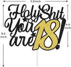 Aeryourtar Holy Shit You're 18 Cake Topper, Bruh I'm 18, Time to Adult, Happy 18th Birthday Party Decorations Supplies, Black Glitter