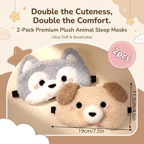 Kids Sleep Mask, 2 Pcs Plush Dog Cute Sleeping Mask Soft Kids Eye Masks for Sleeping Comfortable Funny Animal Eyeshade Blindfold for Women Men Home Travel Sleepover Party