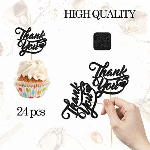 INNORU Thank You Cupcake Toppers, Wedding Bridal Shower Cake Toppers, Engagement, Baby Shower, Thanksgiving Day Party Decorations Supplies, Pack of 24 Black Glitter