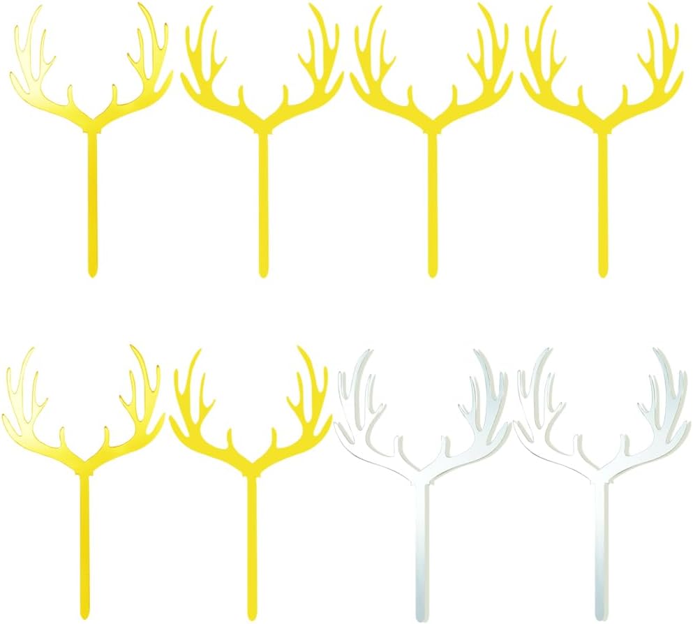 Saktopdeco 20 Counts Gold Plastic Deer Antler Cake Topper Glitter Silvery Christmas Reindeer Cupcake Toppers Picks for Themed Party Decor Supplies