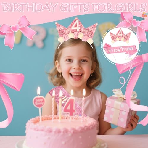 Atoden 4 Year Old Birthday Headband and Sash Happy 4th Birthday Decorations for Girl Glitter Flower Princess Crown Tiara with Pink Bow Party Costume Outfit Gifts