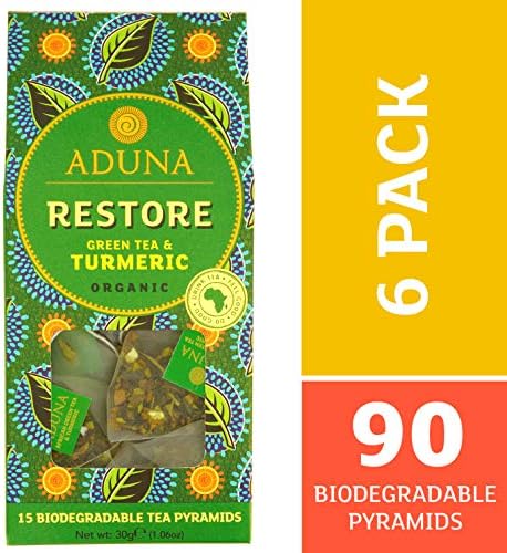 Aduna Organic Restore Green Super Tea | Natural Herbal Infusion With African Green Tea, Turmeric & Citrus | Superfood Tea for Digestive Health & Immunity | 15 Biodegradable Pyramid Bags x 6 Packs