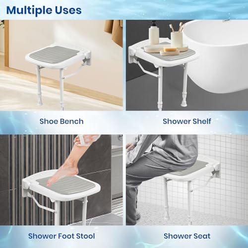 Wall Mounted Shower Seats, Support 550lbs, Adjustable Height Fold Down Shower Seat Wall Mounted, Folding Shower Bench Wall Mounted for Elderly-Adults-Pregnants-Seniors-Disabled
