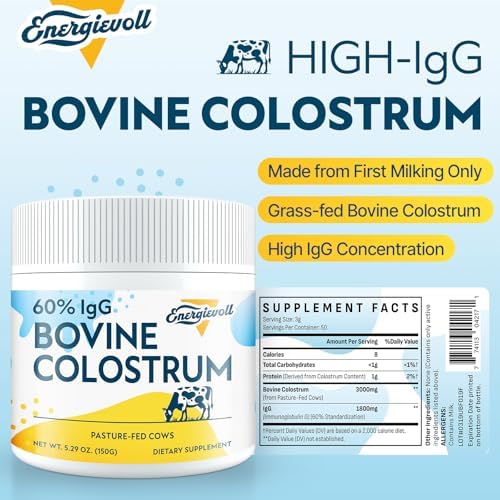 Energievoll Bovine Colostrum Supplement Powder - 60% IgG 3000 mg for Gut, Hair Growth, Beauty, and Immune, Easy to Mix, Unflavored (50 Servings)