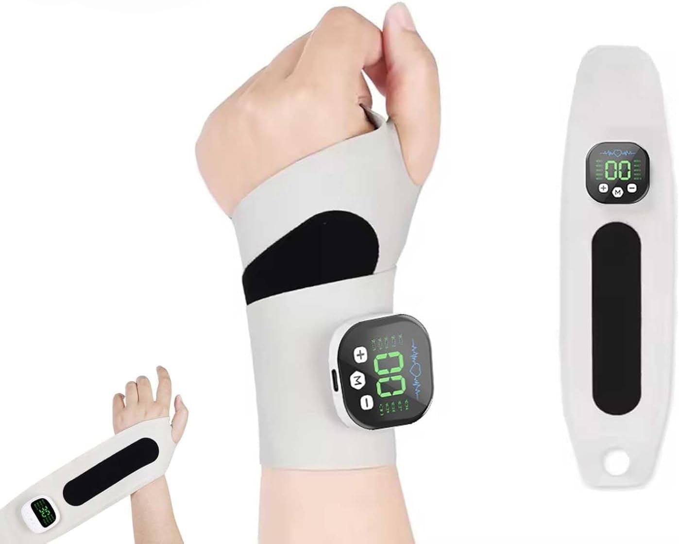Rechargeable Adjustable Electric Wrist Massager, Portable Cordless Hand Heating Pad with 8 Modes, 30 Intensity Levels, Wrist Massage Machine Wearable Hand Heating Pad for Daily & Sports (White)