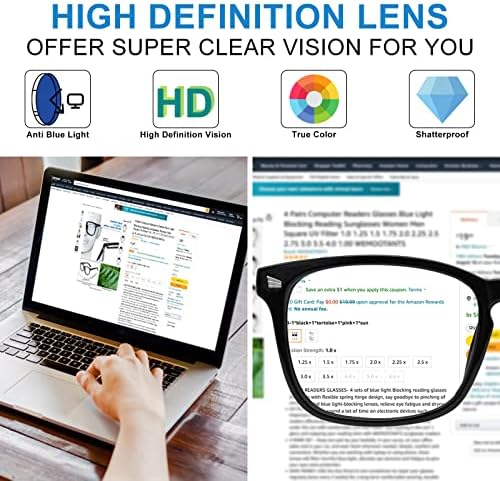 4 PACKS Blue Light Blocking Reading Glasses Women 1.0 1.25 1.5 1.75 2.0 2.25 2.5 2.75 3.0 3.5 4.0 5.0 6.0