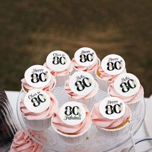 40Pcs Edible Circle Happy 80th Birthday Cupcake Toppers Edible Floral Hello 80 Fabulous Cheers to 80 Cupcake Picks Drink Toppers for Funny Female Floral 80th Birthday Party Decorations