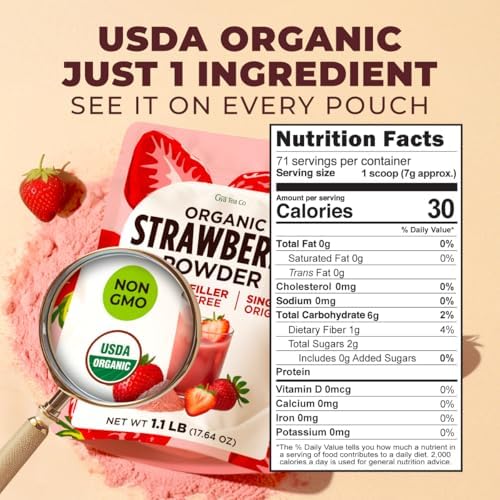USDA Organic Freeze Dried Strawberry Powder for Smoothies, Baking & Frosting — 100% Pure Strawberries, Easy Mixing, No Fillers — Strawberry Milk, Yogurt, Desserts — 1.1 LB Bulk (71 Servings) | Gya Tea Co