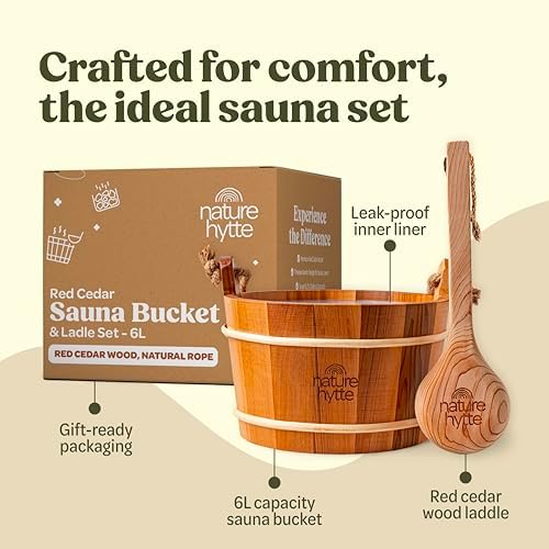 Red Cedar Sauna Bucket and Ladle Set 6L (1.6 Gallon) - Natural Rope Handle - Premium Red Cedar Wood - Natural Aroma - Elegant Gift-Ready Packaging