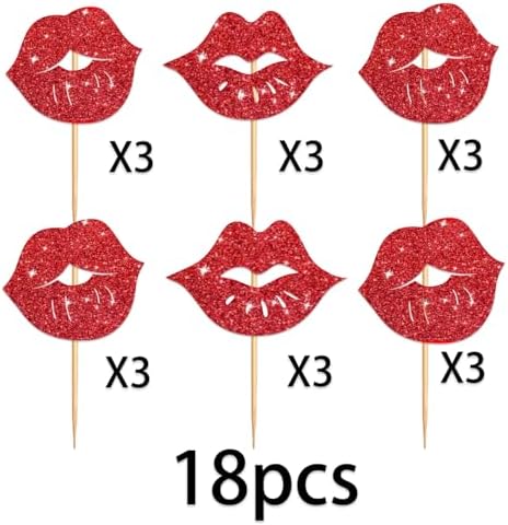 Big Lip Cupcake Topper for Bachelorette Bridal Shower Theme Party Favors Decorations Women Lady Girls Birthday Girls' Night Out Happy Birthday Party Decor Supplies set 18pcs Red Glitter Silhouette