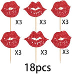 Big Lip Cupcake Topper for Bachelorette Bridal Shower Theme Party Favors Decorations Women Lady Girls Birthday Girls' Night Out Happy Birthday Party Decor Supplies set 18pcs Red Glitter Silhouette