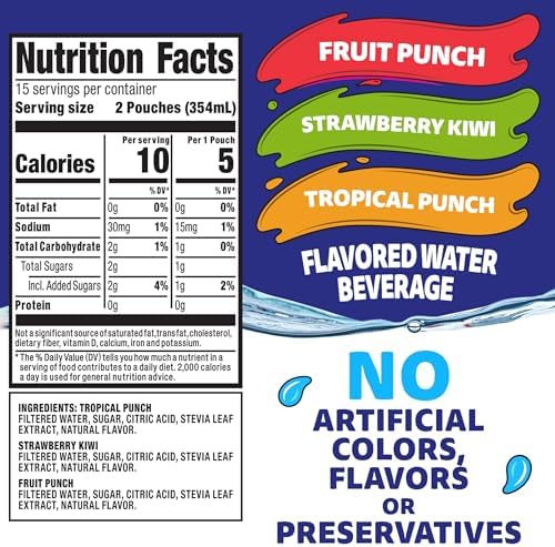 Capri Sun Roarin' Waters Flavored with Other Natural Flavor Water Beverage, 30 Pouches, for School Lunches and On-the-Go Hydration, Fruit Punch, Strawberry Kiwi and Tropical Punch, 6 fl oz