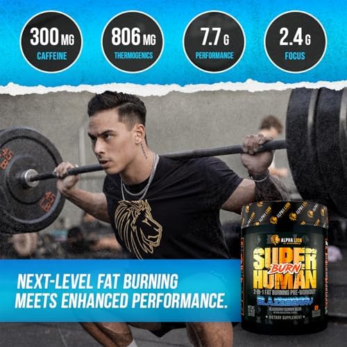ALPHA LION Superhuman Burn – 2 in 1 Metabolism Booster Pre Workout and Thermogenic Fat Burner for Men – Appetite Suppressant and Weight Loss Supplement (21 Servings, Blue Gummy Bear Flavor)