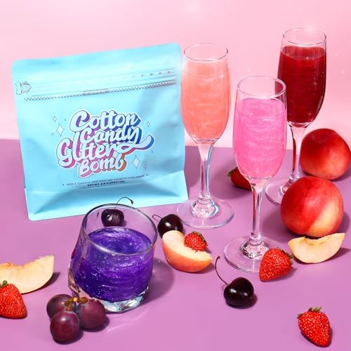 Cotton Candy Glitter Bomb for Drinks, Edible Glitter for Cocktails Sparkling Beverages, 4 Color Glitter Drink Bomb Set, Fruity Flavor, Birthday Party Decoration Wedding Supplies