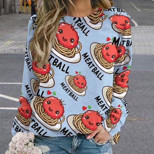 Meatball Cute Italian Spaghetti Women's Sweatshirt Crewneck Long Sleeve Shirts Pullover Tees Cute Tops