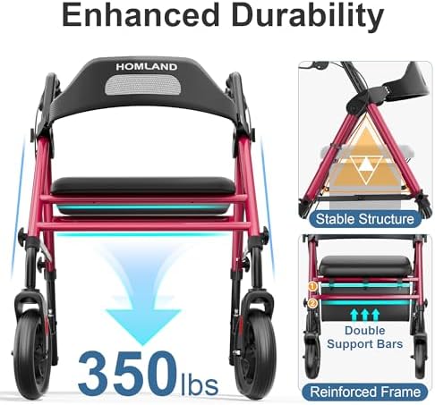 HOMLAND Foldable Rollator Walkers with Seat for Seniors, 8'' Big Wheels, 350 lb. Weight Capacity, Adjustable Handles and Seat Height, Lightweight Rolling Walker, Red