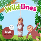 BrushBaby - WildOnes - Kids Rechargeable Electric Toothbrush, Ages 0-10 - Monkey Design with Flashing Lights - DeepClean Bristles for Superior Cleaning - 2 Replacement Brush Heads, 1 USB Cable