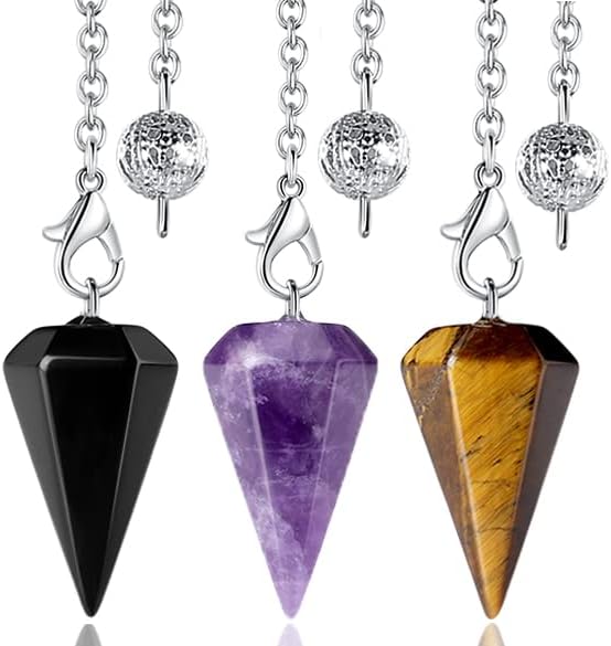 DUQGUHO 3 Pcs Crystal Pendulums Set for Divination Dowsing Natural Amethyst Rose Quartz Clear Quartz Healing Crystal Quartz Witchy Gifts Reiki Gemstone Pendants Wiccan Accessories