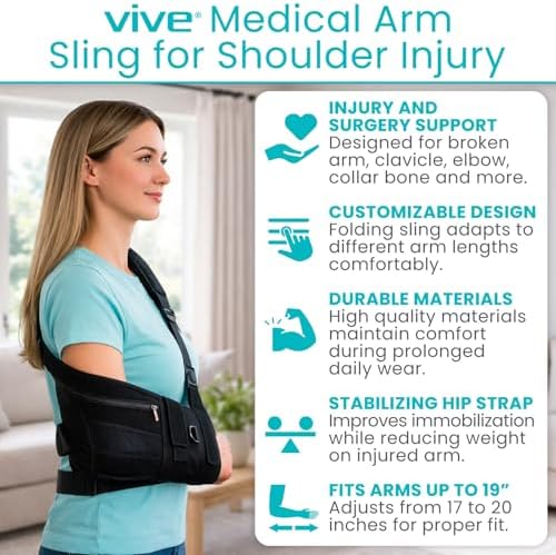 Vive Medical Arm Sling for Shoulder Injury (Left or Right)- Shoulder Immobilizer for Broken Arm, Rotator Cuff, Elbow - Support Brace for Men & Women (Black)
