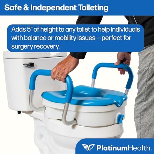 Platinum Health Soft-TOP 2.0 Deluxe Padded Raised Toilet Seat. Soft, Warm. Elevated Riser for Elongated/Round Toilets. Width Adjustable. Adds 5 Inches in Height for Safe Toileting. (with armrests)