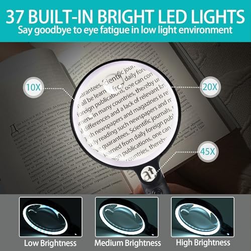 Large Magnifying Glass with 37 LED Light, 10X 20X 45X Handheld Illuminated Lighted Magnifier with 3 Light Modes Rechargeable Magnifying Glass for Seniors Reading, Inspection (White & Black)