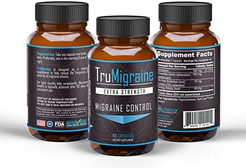 TruMigraine Relief & Prevention | All Natural Migraine Supplements for Headache Relief | Ingredients: Riboflavin, Feverfew, Paraben Free Butterbur, & Ginkgo Biloba | 60 Veggie Capsules,