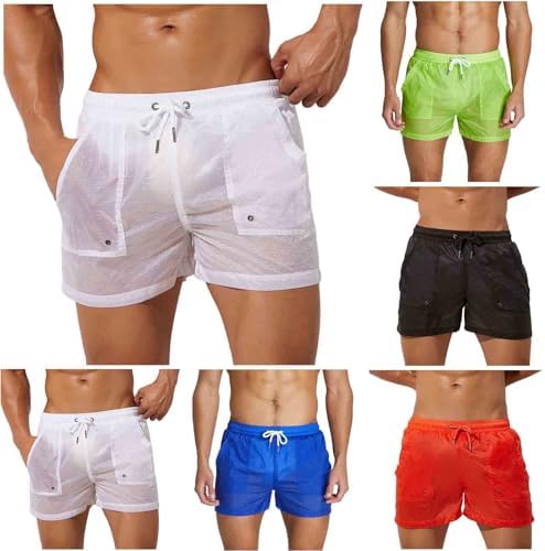 Cambkatl Sexy See-Through Swim Trunks for Men Elastic Waist Summer Beach Shorts Low Waist Bathing Suit Swimwear with Pockets
