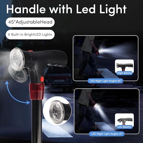 Walking Cane for Men & Women with Alarm, LED Light and Foldable Handle, Foldable, Adjustable, Lightweight, Free Self Standing Walking Cane for Seniors & Adults