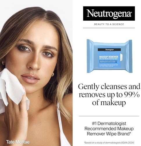 Neutrogena Makeup Remover Wipes Micellar Alcohol-Free Face Towelettes Remove Waterproof Mascara & Oil, Compostable 100% Plant-Based Cloth, Dermatologist & Ophthalmologist Tested, Twin Pack 2 x 25 ct