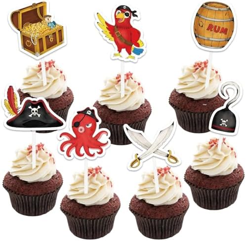 WERNNSAI 49 PCS Pirate Cupcake Toppers - Pirate Birthday Party Decorations Pirate Parrot Cake Toppers Pirate Day Party Favors Supplies Pirate Ship Cake Topper Pirate Theme Cake Decors