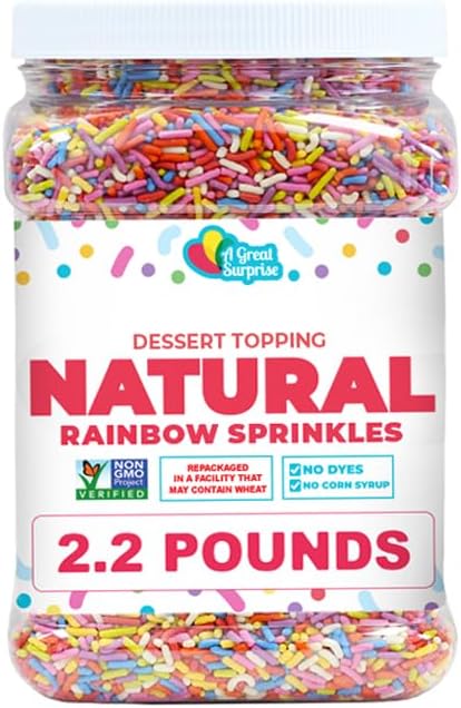 A Great Surprise Dye-Free Rainbow Sprinkles – 2.2 LB - Spring Natural Vegan Baking Toppings with No Artificial Dyes or Flavors – Non-GMO Jimmies for Cookies, Cakes, Ice Cream & Cupcakes