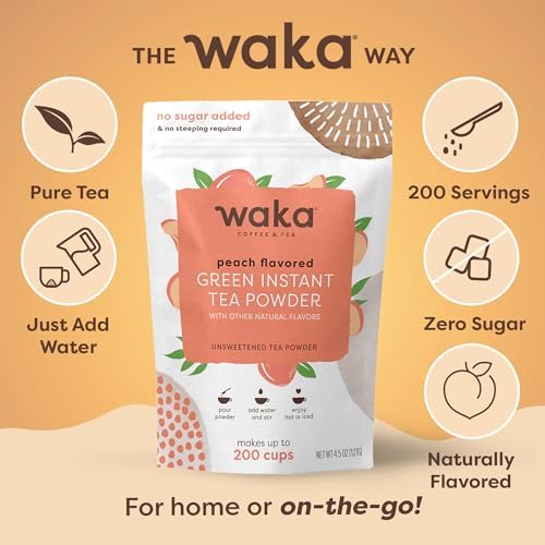 Waka Instant Green Tea Mix, Peach Flavored - 100% Tea Leaves, No Additives, Unsweetened Tea Powder in Bulk Pouch – Easy Quick Hot and Iced Teas, Up to 200 Cups (4.5oz)