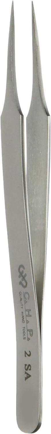 Hakko CHP 2-SA Stainless Steel Non-Magnetic Precision Tweezers with Fine-Point Tips, Thin-Tapered Tines, Medium Size Handles, 4-3/4" Length, Silver