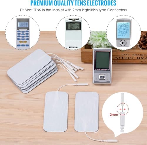 TENS Unit Electrode Pads, 10PCS 2"x 3.5" Large TENS Self-Adhesive Electrodes Pads Replacement with Plug 2.0mm for TENS Machine Massager, Reusable and Latex-Free