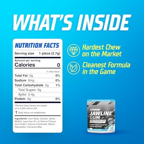 GYMGUM Jawline Gum Ultra Hard Chewing Gum | No Calories, No Sugar, No Artificial Sweeteners | Keto Friendly Mewing Gum for Jawline Training & Exerciser (10 Count (Pack of 1), Arctic Mint)
