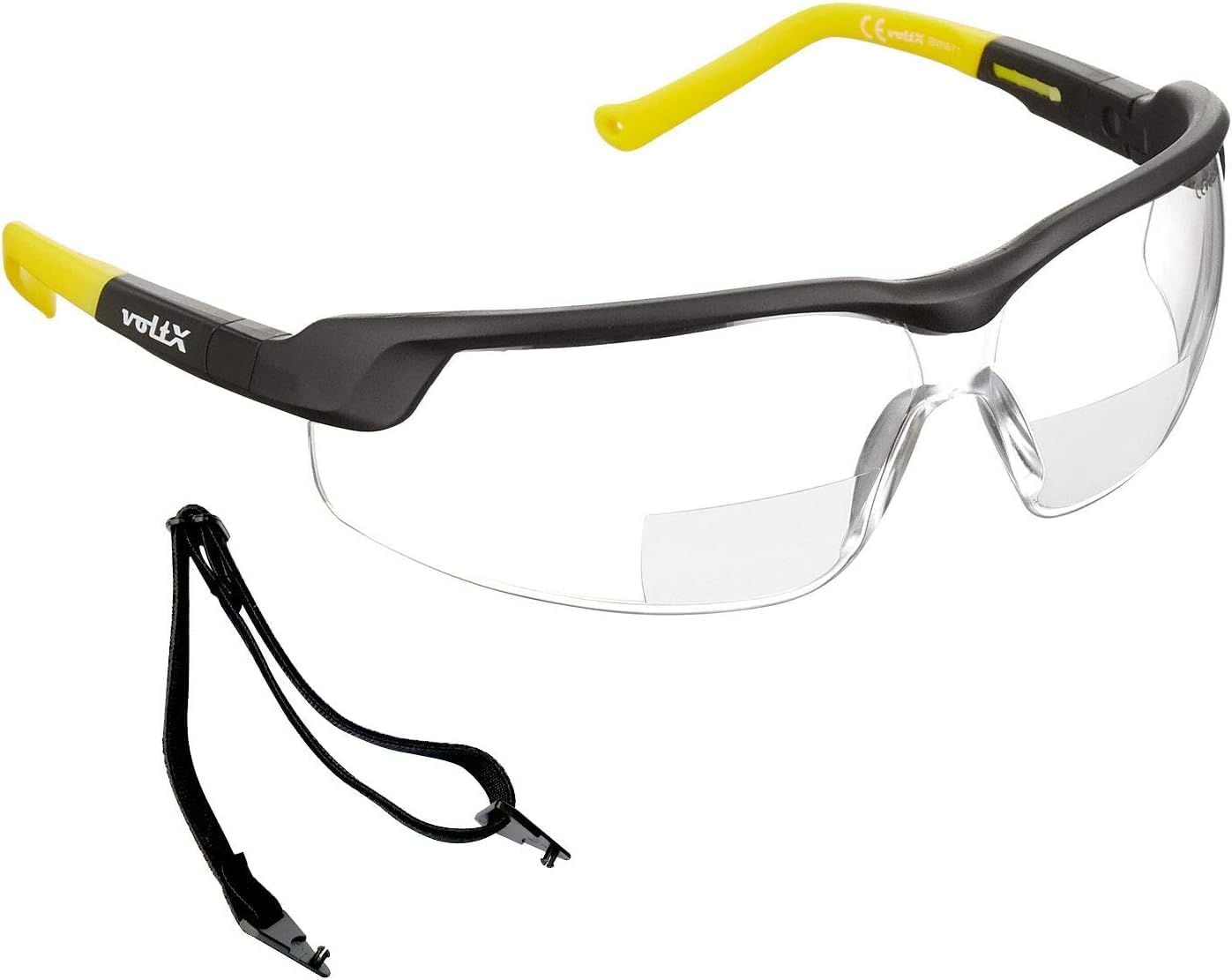 voltX GT ADJUSTABLE Bifocal Reading Safety Glasses (Clear Lens +2.0), ANSI Z87.1+ & CE EN166FT, Anti fog coated, UV400 Lens, Tilt & length adjustable earstems, clip on safety cord.