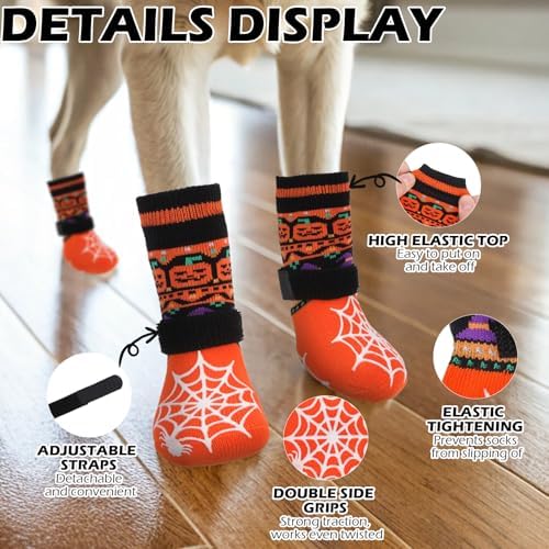 EXPAWLORER Halloween Anti Slip Dog Socks to Prevent Licking Paws, Boots & Paw Protectors with Spider Web Grippers,Doggie Booties for Hardwood Floors for Small Medium Large Senior Dogs Orange Pumpkin M