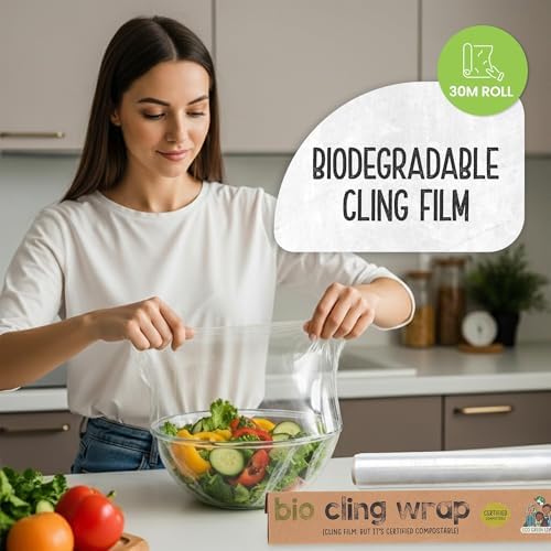 Eco Green Living Biodegradable Cling Film Bio Cling Wrap 100% Compostable, BPA & Plastic-Free Food Wrap, Vegan, Fridge & Freezer Safe, Recyclable Cardboard Dispenser. 3 Pack 30cm x 30m