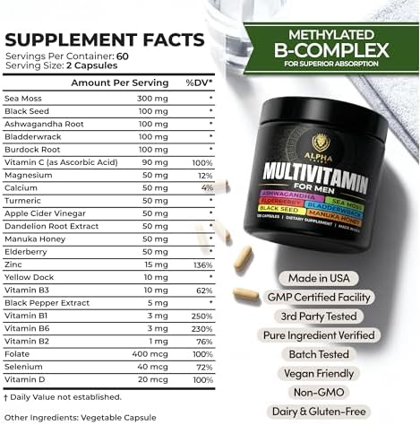 Alpha Tribe Multivitamin for Men with Sea Moss, Black Seed Oil, Ashwagandha, Turmeric Bladderwrack, Burdock,Vitamin C, Elderberry, Manuka, Yellow Dock | Daily Men's Vitamins and Minerals Supplement