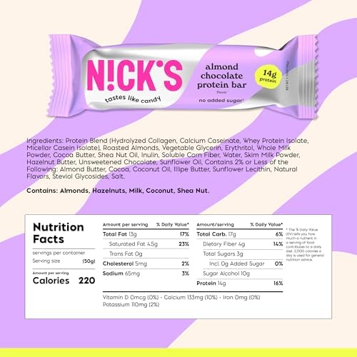 Nick's Protein Bars Variety Pack, Protein-Packed Snack, Low Calories, Low Carb Keto Friendly Snacks No Added Sugar, Salty Peanut, Chocolate Caramel and Almond Chocolate (12 Pack)