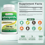 Best Naturals 2 Pack Ashwagandha Capsules for Relaxing Stress and Mood, 500 mg, 120 Count (Total 240 Capsules)