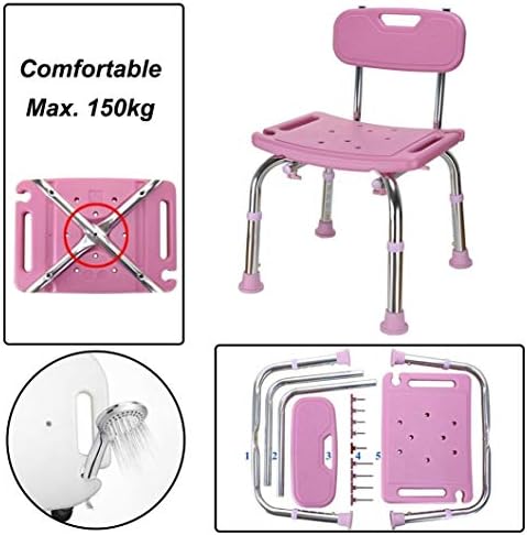 Shower Stool 150kg, Bath Seat with Backrest, Shower Chairs and Benches Bathtub Seat for Elderly, Senior, Handicap & Disabled, Adjustable Hight Non-Slip Design, Pink