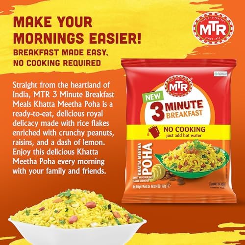 MTR 3minute Khatta Meetha Poha - Ready-to-Cook Mix - Authentic Indian Food in Just 3 Minutes - 100% Vegetarian - No Added Preservatives - Just Add Hot Water - Quick & Easy (Khatta Meetha Poha, 160g, Pack of 6)