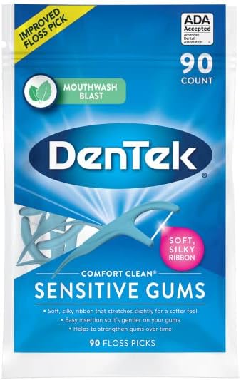 DenTek Comfort Clean Floss Picks for Sensitive Teeth, Soft and Silky Ribbon, 90 Count (Pack of 6)
