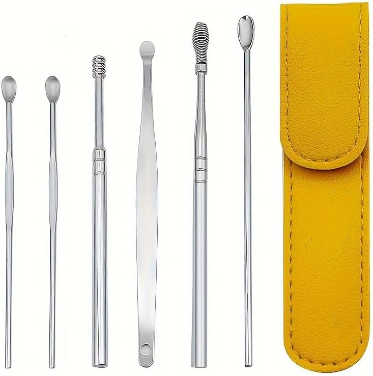 6-Piece Stainless Steel Ear Picking Set – Portable Keychain Ear Wax Cleaning Tools, Reusable Ear Spoon Kit for Precise Earwax Removal & Hygiene (Yellow)