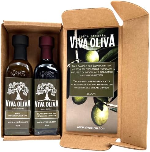 Viva Oliva Two 60ml (2oz) Variety Gift Set - Basil Infused Olive Oil and Black Mission Fig Dark Balsamic Vinegar - Premium Quality - 100% Natural